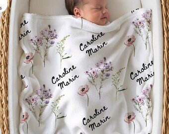 Personalized Wildflower Baby Blanket, Custom Baby Name Blanket, Newborn Girl Nursery Decor, Newborn Swaddle, Girls Blanket, Floral Blanket