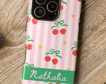Personalized Cherry Phone Case, Custom Name iPhone Case, Pink Stripes Aesthetic, MagSafe Case for iPhone 17 16 15 14 13