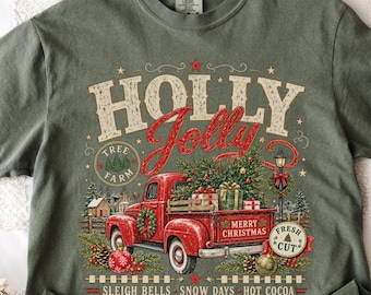 Holly Jolly Shirt, Vintage Christmas Truck Tee, Comfort Colors Christmas Shirt, Retro Holiday Graphic Tee, Christmas Tree Farm Gift