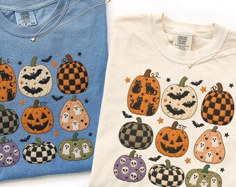 Faux Patchwork Pumpkin Shirt, Halloween Comfort Colors Tee, Cute Ghost Pumpkin Shirt, Spooky Season Tee, Vintage Halloween Gift for Her