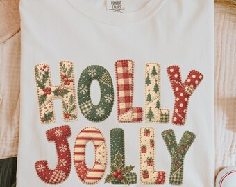 Holly Jolly Shirt, Faux Patchwork Christmas Tee, Comfort Colors Christmas Shirt, Vintage Holiday Shirt, Cute Christmas Gift for Her