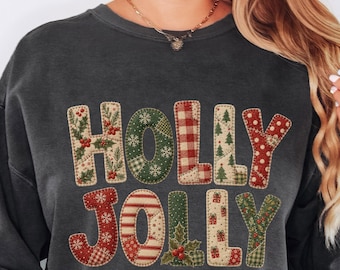 Holly Jolly sweatshirt, Faux Patchwork Christmas Tee, Comfort Colors Christmas Shirt, Vintage Holiday Shirt, Cute Christmas Gift for Her