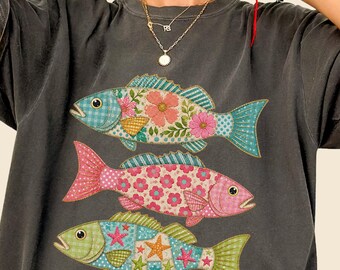 Floral Fish Shirt, Coastal Grandma Tee, Colorful Faux Patchwork Fish Shirt, Beach Lover Gift, Retro Ocean Comfort Colors Summer T-Shirt