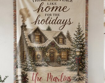 Personalized Christmas Blanket, Custom Family Name Throw, Cozy Christmas Cottage Blanket, Holiday Home Decor, Family Christmas Gift