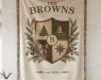 Personalized Family Crest Blanket, Custom Family Name Throw, Christmas Woven Blanket, Heirloom Wedding Gift, Personalized Holiday Decor