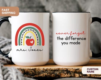 Personalized Teacher Mug, Rainbow Apple Design, Custom Name Coffee Cup, Teacher Gift, Back to School Gift, Teacher Appreciation Mug