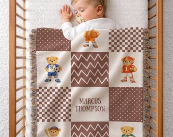 Personalized Teddy Bear Woven Blanket, Vintage Sports Bear Nursery Decor, Custom Name Baby Blanket, Classic Nursery Gift