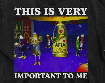 Camiseta "Esto es muy importante para mí" - Divertida camiseta con meme de botella de aceite AFIA - Camiseta con gráfico surrealista - Camiseta urbana con meme abstracto de internet