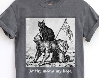 Camiseta de caballero gato medieval, divertida camiseta con meme de la Feria del Renacimiento, camiseta con gráfico de xilografía de caballero, regalo divertido para amantes de los gatos, camiseta con humor histórico sarcástico.