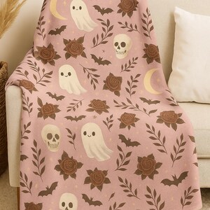 Velveteen Plush Halloween Blanket: Ghosts, Skulls & Roses
