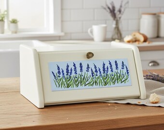 Handmade white bread box with lavender flowers