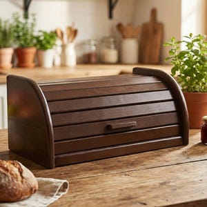 May include: A dark brown wooden bread bin with a roll-top lid and a small handle. The bread bin is on a wooden table, with a loaf of bread, a bowl of fruit, and potted plants in the background. The kitchen setting suggests a rustic, farmhouse style.