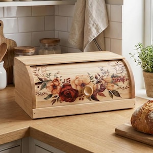 Caixa de pão rústica floral de madeira, 38x27x17 cm (15 x 10,6 x 6,7 polegadas)