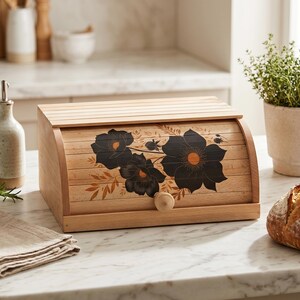May include: Wooden bread box with a roll-top lid. The box is decorated with black floral designs and a wooden knob. The bread box is made of light-colored wood and sits on a marble countertop.