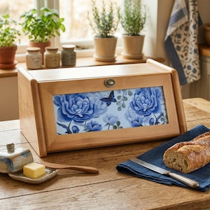 Holz Brotkasten 40 cm, Erlenholz Brotkasten mit Blumenmuster