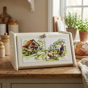 Panera de madera con diseño rústico, ideal para guardar pan en la cocina.