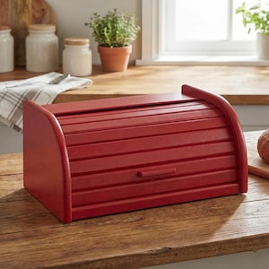 Red Wooden Bread Box 16x12x8.1in, Alder Wood, Roll Top