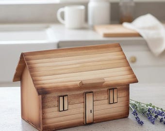 Caja de pan de madera con forma de casa, decoración rústica para la cocina de una granja