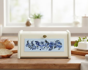 Handmade white bread box with with flower art
