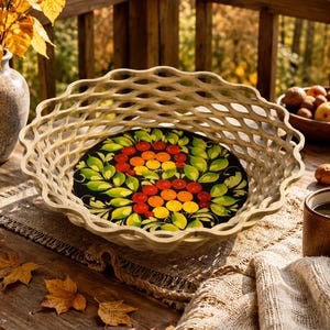 Handmade Wooden Bread Box with Floral Print, Round Bread Serving Basket
