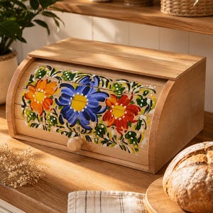 May include: A light-colored wooden bread box with a roll-top lid featuring a hand-painted floral design. The artwork displays three large flowers in orange, blue, and red with green leaves and white accents. A small round wooden knob is centered.