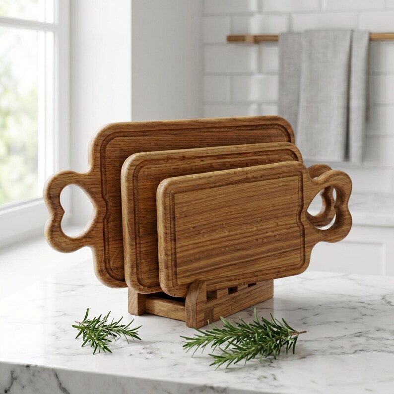 May include: A set of three wooden cutting boards in varying sizes, displayed in a wooden holder. The boards have a natural wood grain finish and heart-shaped handles. Rosemary sprigs are in the foreground.