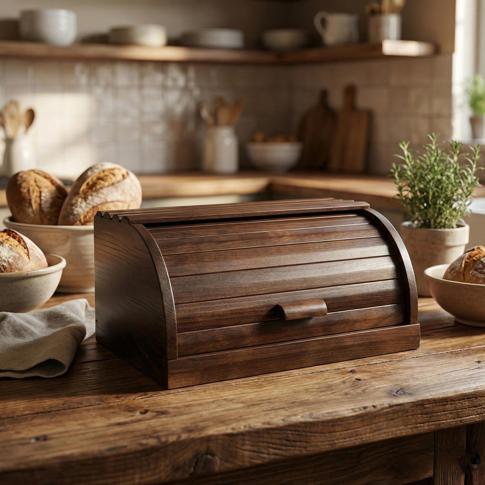 Wooden Bread Box 15x11x7 in, Handmade Beech Bread Bin, Natural Kitchen Storage