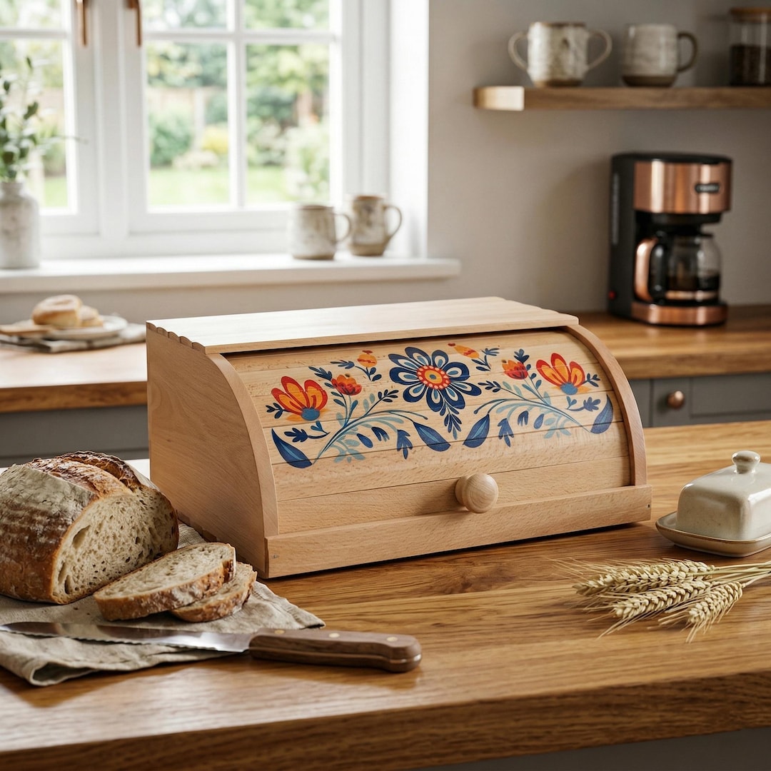 Handmade Wooden Bread Box with Floral Design, Rustic Kitchen Storage, Roll Top Bread Bin
