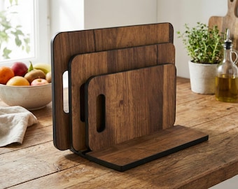 Dark Oak Wood-Effect Cutting Board Set with Stand, HPL Laminate