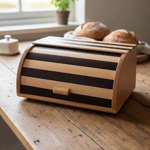 May include: A wooden bread bin with a roll-top lid. The bin has alternating dark brown and light wood stripes. A small wooden handle is on the front. Two loaves of bread are in the background on a wooden board.