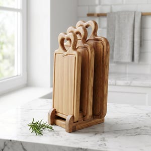 May include: A set of four wooden cutting boards with heart-shaped handles, displayed in a wooden stand. The boards are made of light-colored wood and have a rectangular shape. A sprig of rosemary rests on the marble countertop.