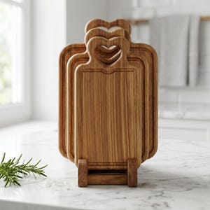 May include: Set of three wooden cutting boards with heart-shaped handles. The boards are made of light brown wood and are displayed on a wooden stand. The boards have a rectangular shape with a groove around the edge.