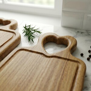 May include: Two wooden cutting boards with heart-shaped handles. The boards have a rectangular shape with a recessed area for food. A sprig of rosemary and peppercorns are also visible.
