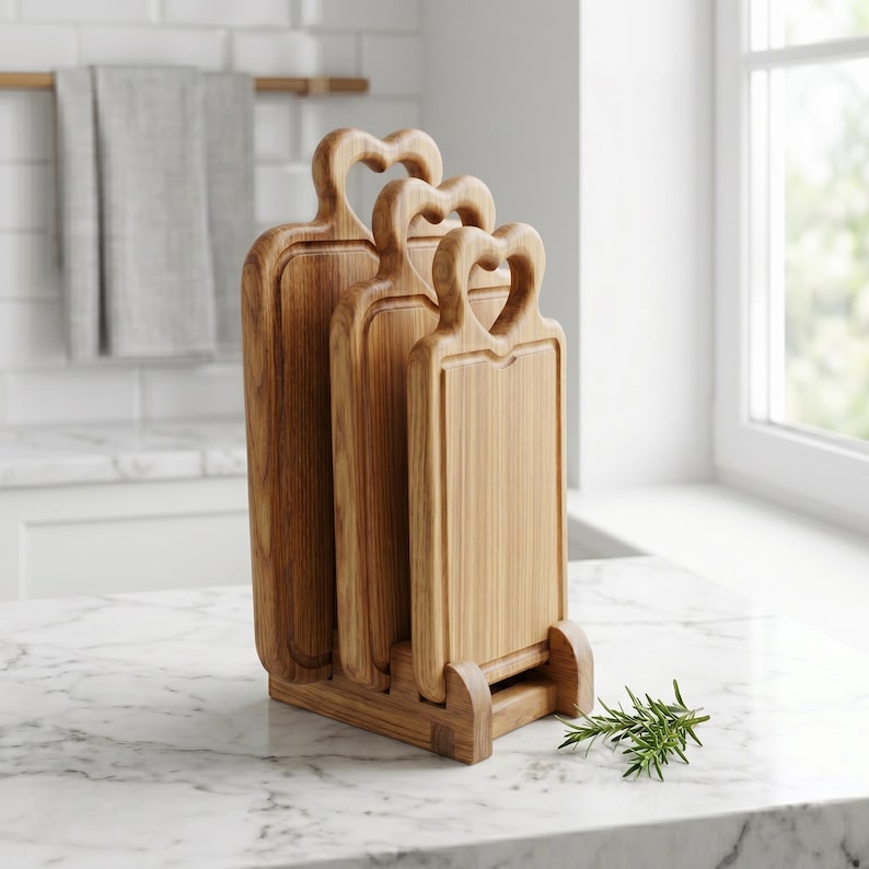 May include: A set of three wooden cutting boards with heart-shaped handles, displayed in a wooden stand. The boards are made of light-colored wood and have a rectangular shape with a groove around the edge. A sprig of rosemary rests nearby.