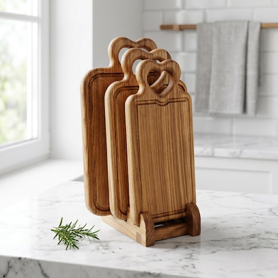 Oak Cutting Board Set, Wooden Serving Boards with Stand, Handmade Kitchen Decor