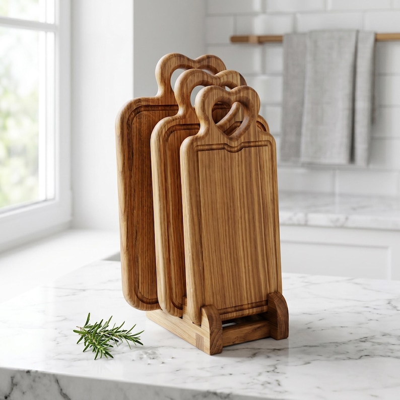 May include: A set of three wooden cutting boards with heart-shaped handles, displayed in a wooden stand. The boards have a rectangular shape with a groove around the edge. The wood has a warm, natural tone, and the stand is made of the same material.