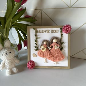 Handgefertigtes Wandbild für Mutter und Kind | „Ich liebe dich“-Rahmen | Makramee-Familiendeko | Einzigartiges Geschenk