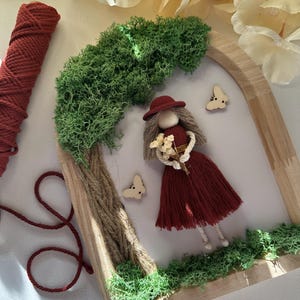 Macrame Doll in Frame Burgundy – Handmade Wall Decor, Boho Nursery Art, Girl Room Decoration, Gift