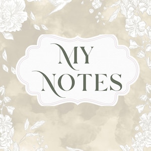 Op de afbeelding: Een notitieboekcover met de tekst "MY NOTES" in een decoratief lettertype, tegen een wolkachtige achtergrond in beige en crème tinten. Witte bloemenillustraties en een vogel completeren het ontwerp.