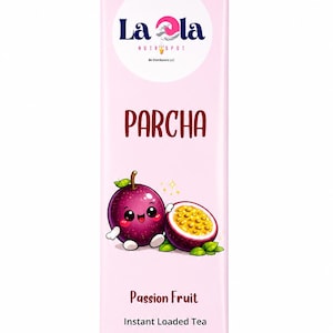 May include: A pink packet featuring the text "PARCHA" and a cartoon passion fruit. The packet also displays the "La La Nutrispot" logo and product information, including "Passion Fruit Instant Loaded Tea" and "135mg Caffeine, 0 Sugar".