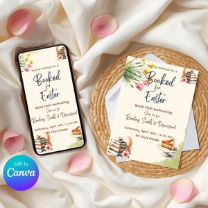 May include: A smartphone and invitation card with the text "Booked for Easter" are displayed. The invitation includes details for a book club gathering with reading, sweets, and discussion. The design features floral and book illustrations.