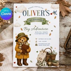 May include: A white birthday invitation card featuring a bear wearing a yellow coat, green hat, and scarf. The text reads: PLEASE JOIN US FOR OLIVER'S 3RD BIRTHDAY, Big Adventure, WITH TEA, TREATS & ADVENTURE FUN!, SATURDAY, MAY 18, 2026, 2:00 - 4:00 PM, 123 MARMALADE LANE, AUSTIN, TEXAS 78701.