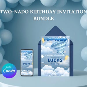 Può includere: Un pacchetto di inviti di compleanno con un design a tornado blu e bianco. L'invito include il testo "TWO-NADO BIRTHDAY INVITATION BUNDLE" e "LUCAS turns TWO!". Uno smartphone mostra il design dell'invito. Modificabile in Canva.