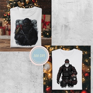 May include: Two white t-shirts with graphic designs. One features a black Santa Claus in tactical gear with a rifle and gifts. The other shirt shows a similar Santa Claus design. Festive holiday theme.