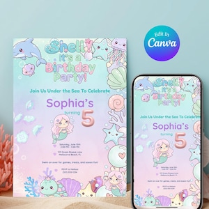 May include: A birthday party invitation with a mermaid theme. The invitation features the text "Shell It's a Birthday Party!" and "Sophia's turning 5". The design includes illustrations of mermaids, dolphins, and sea creatures.