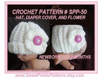 Instant Download PDF Crochet PAttern Diaper Cover and Hat Set SPP-50 3 sizes up to 12 months