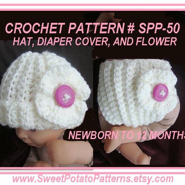 Instant Download PDF Crochet PAttern Diaper Cover and Hat Set SPP-50 3 sizes up to 12 months