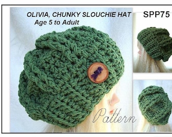 Crochet Hat  Pattern - Olivia Chunky Cable Slouchie Hat  age 5 to adult, women  SPP-75 Instant Download PDF