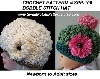 Instant Download PDF Crochet Pattern - Bobble Stitch Hat -  SPP-106 baby to adult women, all sizes included,