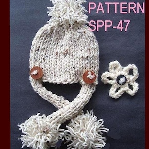 Instant Download PDF Hat Knitting Pattern - SPP-47 Oatmeal Unisex PomPom hat with ties Baby to adult
